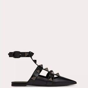 Valentino Black Leather Rockstud Ankle-Strap Pointed Flats